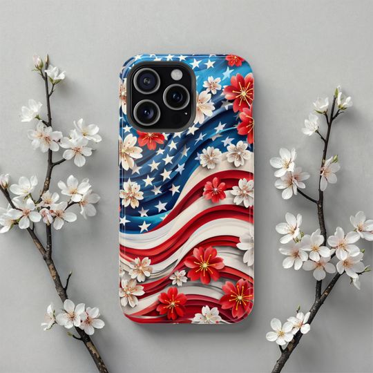 Discover American Flag MagSafe iPhone Case, Floral Patriotic Red & White Blooms with Star and Stripes, USA 250th Anniversary Case, Gift For Her