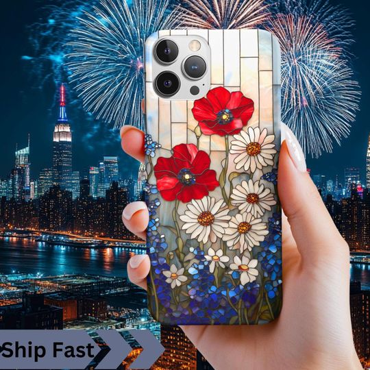 Discover Patriotic Floral Phone Case: Stained Glass Style 4th of July Design