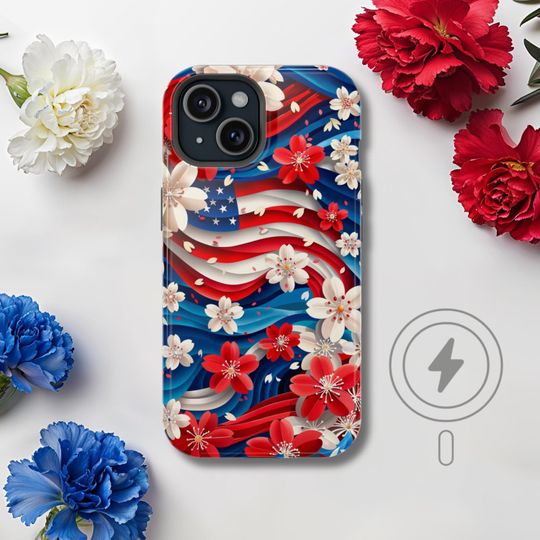 MagSafe American Floral iPhone Case, Red White and Blue, Patriotic Phone Cover, Memorial Day iPhone 17, Pro Max, iPhone 16, 15, 14, 13