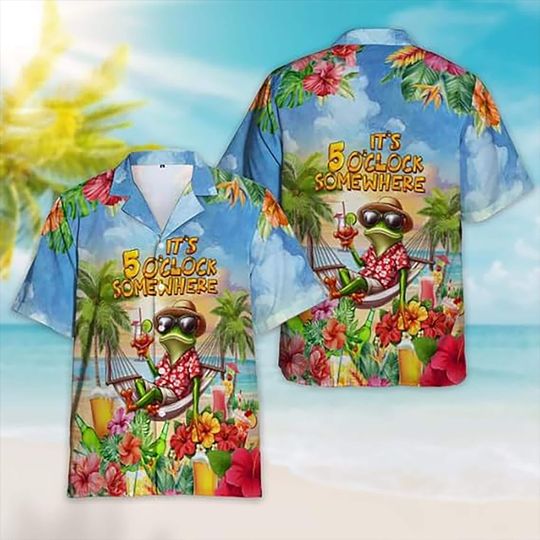 Discover Funny Frog Hawaiian Shirt, Men’s Tropical Summer Aloha Shirt, Beach Vacation Cocktail Print