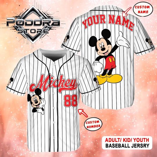 Discover Mickey Mouse Baseball Jersey, Custom Name Number Shirt, Disney Matching Family Outfit, White Striped Jersey for Kids & Adults