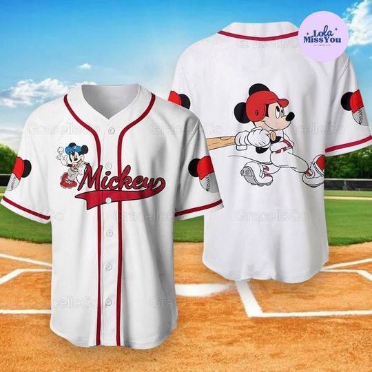 Discover Mickey Baseball Jersey, Cartoon Mickey Batter Shirt, Disney Fan Baseball Tee, Red Trim Sport Shirt, Cute Unisex Mickey Jersey