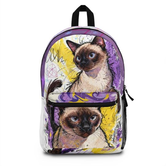 Discover Siamese Cat Portrait Backpack Watercolor Floral Purple Yellow