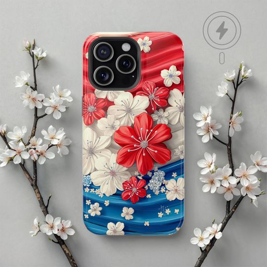Discover Patriotic Floral MagSafe iPhone Case, Red White & Blue American Flag Flower Phone Cover for iPhone 17 - 13, 250th Anniversary USA Case Gift