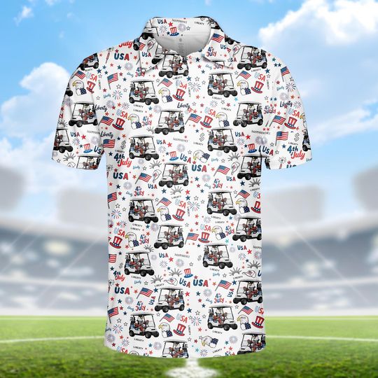 Discover 4th of July Golf Cart Polo for Men and Women, American Flag Independence Day Polo Shirt