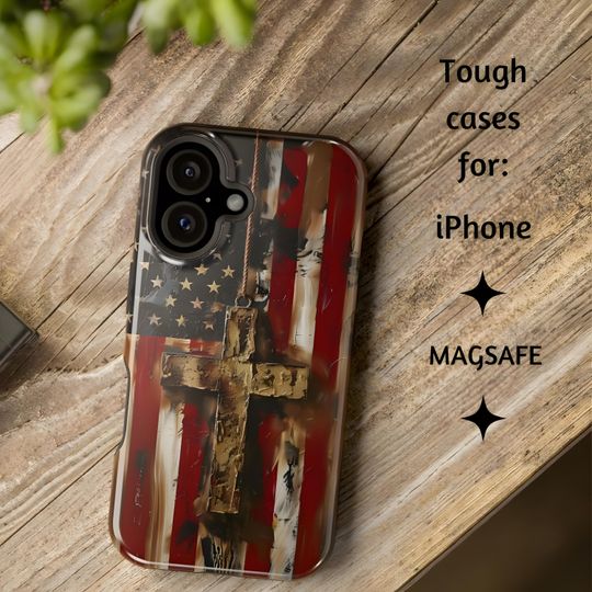 Discover MAGSAFE American Cross & Flag Phone Case, USA Catholic Phone Case, Patriotic Vintage Cover for iPhone 13, 14, 15, 16, 17, Pro, Plus, Pro Max