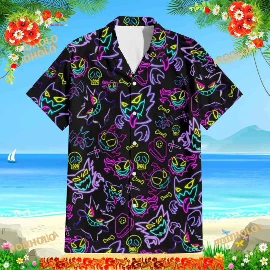 Discover Gengar Ghost Halloween Hawaiian Shirt, Anime Halloween Button Up Shirt