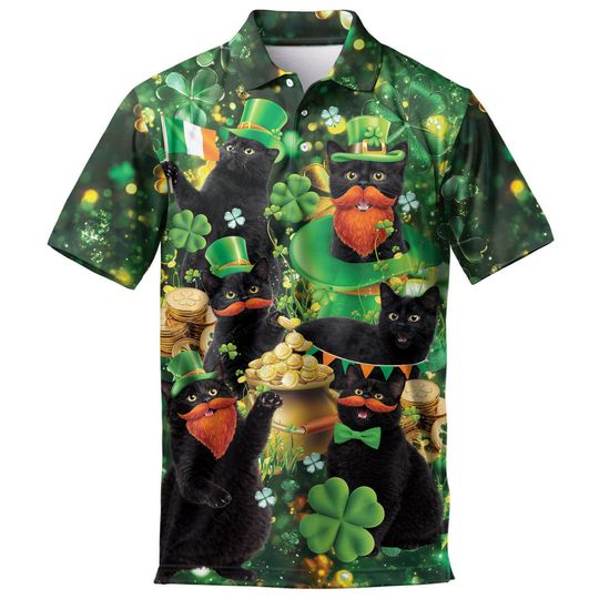 Black Cat St. Patrick's Day Polo Shirt for Men Short Sleeve Golf Button-Up