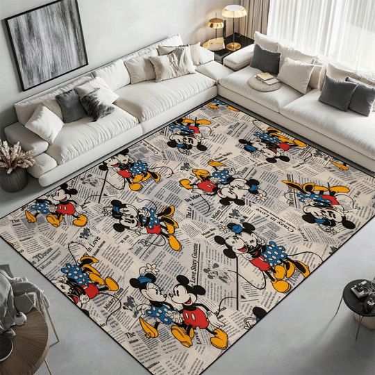 Discover Vintage Mickey and Minnie Mouse Rug | Retro Newspaper Print