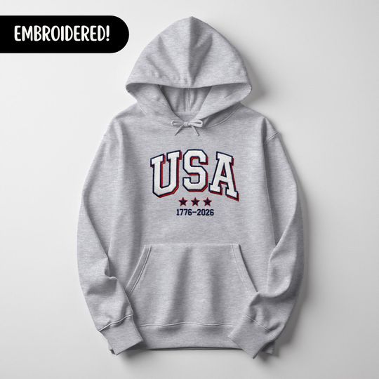 Discover USA 250 Embroidered Hooded Red White Blue Patriotic Design 1776 2026 American Anniversary Crew Hoodie America Birthday Shirt