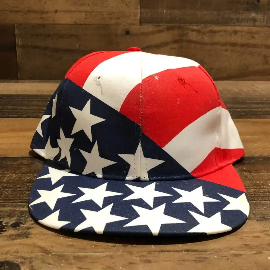 Discover VTG USA Flag Hat Snapback Baseball Cap Mens Stars Stripes AOP 90s America - READ