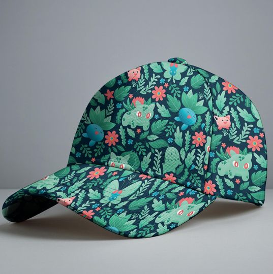 Bulbasaur Oddish Baseball Cap, Cute Floral Pattern Hat, Kawaii Garden Baseball Cap, Vintage Summer Adjustable Hat, Bulbasaur Gift Cap