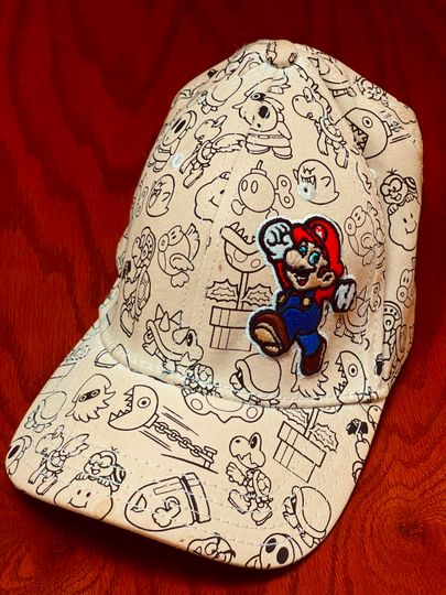 Vintage Super Mario Baseball Cap Ball Hat Mario Ninetendo 90s Gaming Front Patch Black On White Cartoons Graffiti Gamer All Over Print AOP