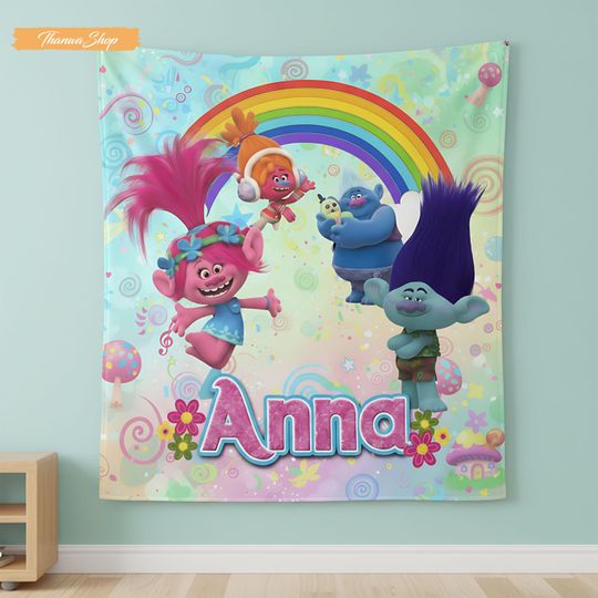 Discover Personalized Trolls Rainbow Blanket, Custom Name Fleece Throw for Girl, Birthday Gift