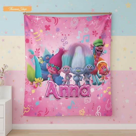 Discover Personalized Pink Poppy Trolls Blanket, Custom Name Fleece Throw, Birthday Gift for Girls