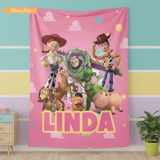 Discover Personalized Toy Story Pink Fleece Blanket, Custom Kids Room Decor, Pink Gift for Birthday