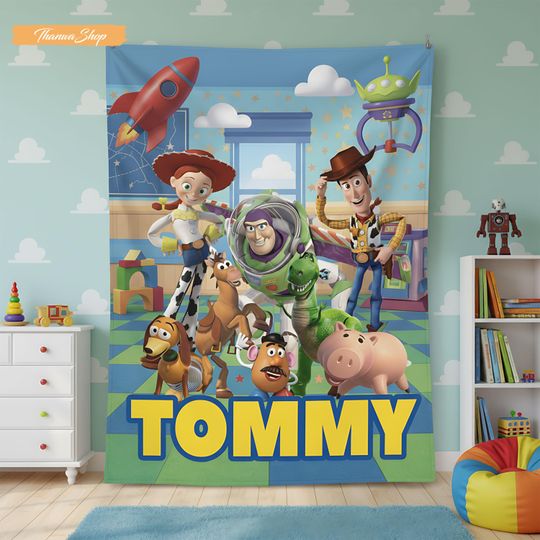 Discover Personalized Toy Story Fleece Blanket, Custom Name Disney Bedding, Woody Buzz Lightyear Gift