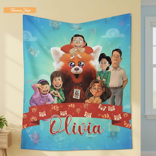 Personalized Turning Red Fleece Blanket, Custom Name Blue, Disney Red Panda