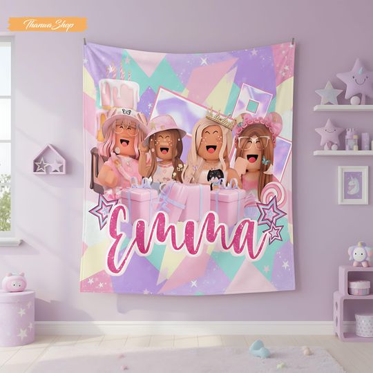 Discover Personalized Gamer Girl Blanket, Custom Name Pastel Fleece Throw, Birthday Gift for Daughter