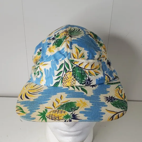Vintage 80s Pineapple AOP 5 Panel Fitted Hat Size 7 3/8 Hawaiian Baseball Cap