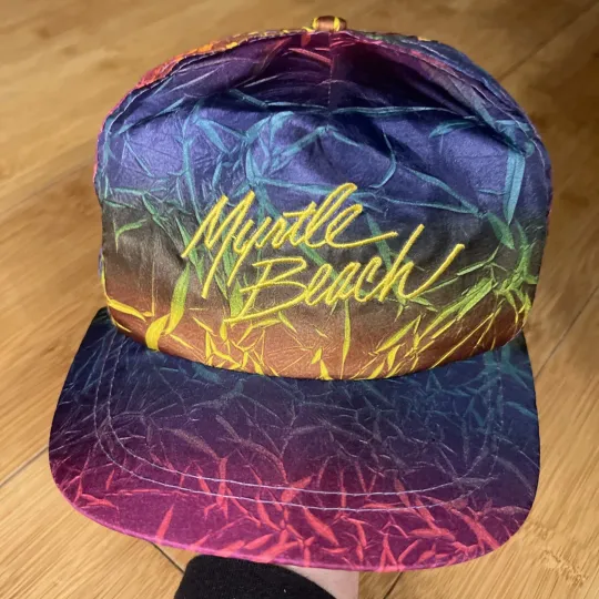 Discover Vintage Myrtle Beach Colorful AOP Floral Retro Script Trucker Snapback Hat 90s