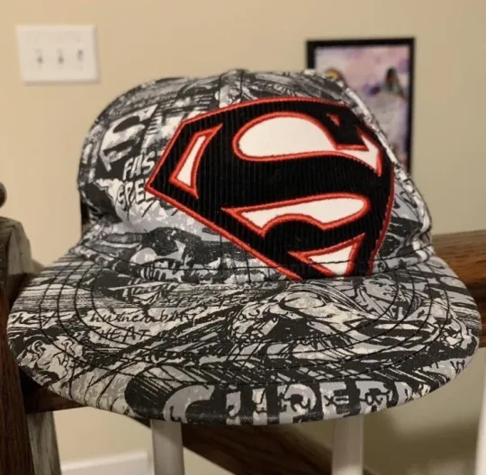 Superman DC Comics AOP Comic Book Flat Bill Baseball cap, Corduroy Logo, Sm/Md