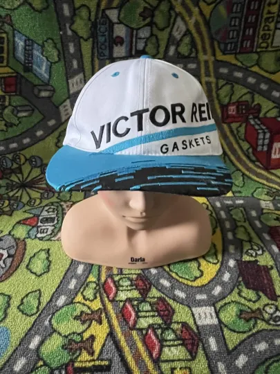 Discover Vtg Victor Reinz Gaskets Hat Spell Out All Over Logo AOP Baseball Adjustable Cap