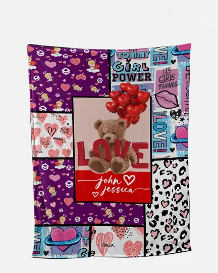 Discover Personalized Heart Bear Couple Flannel Blanket Valentine Gift