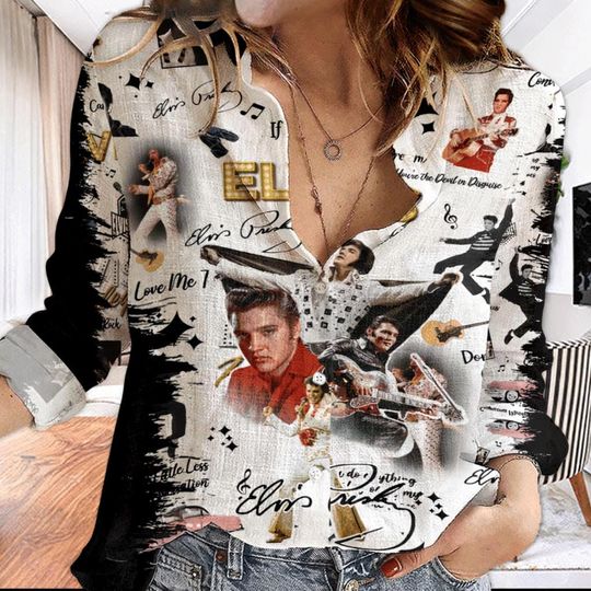 Elvis Presley Linen Shirt, Elvis King Women Blouse Shirt, Rock And Roll Music Linen Shirt, The King Aloha Shirt, Gifts For Elvis Fan
