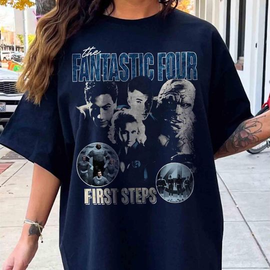 Discover Vintage Bootleg Marvel The Fantastic Four First Steps T-Shirt, Marvel Movie 2026 Tee, Reed Richards Doctor Dooom Shirt