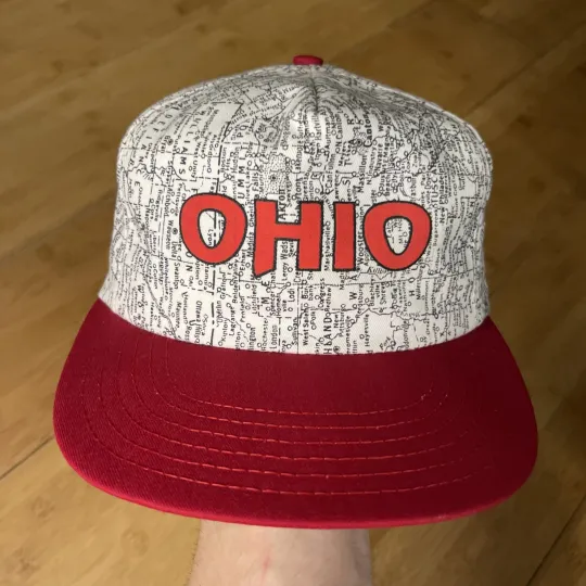 Discover VTG 80s Pro Player USA Ohio Map Route State AOP AllOver Trucker Snapback Hat EUC