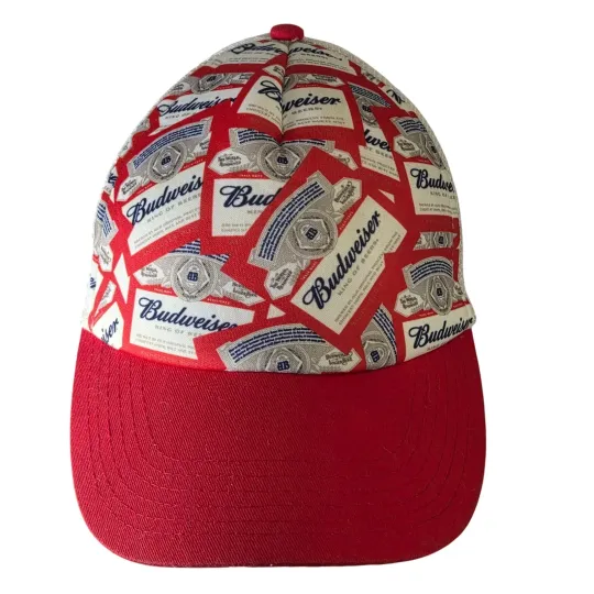 VTG 80's Budweiser Snapback Mesh AOP Trucker Hat Cap Red White Adjustable
