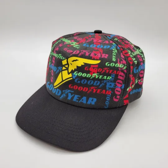 Discover Vintage 90s Goodyear Racing Black AOP Snapback Logo Promo Hat Swingster USA