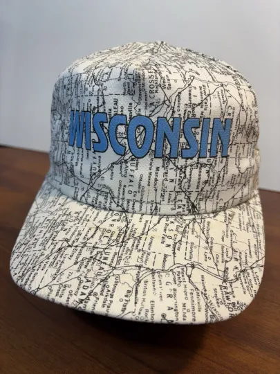 Discover Vintage 90s Wisconsin State Map SnapBack Hat Baseball Cap USA AOP Blue Print