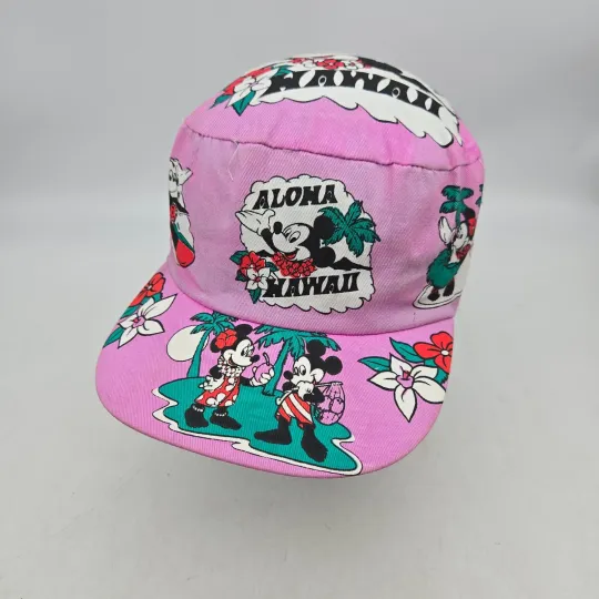 Vintage Disney Drew Pearson Cadet Patrol Hat Mickey Minnie Aloha Hawaii AOP 80s