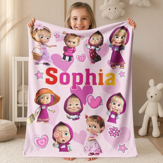 Discover Personalized Masha and the Bear Blanket, Bear Lover Blanket, Birthday Blanket, Cute Bear Blanket, Marsha Bear Cute Cartoon Blanket G5OP27