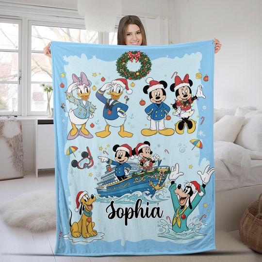Personalized Mickey & Friends Disney Cruise Christmas Blanket, Disney Cruise Line Family Vacation Blanket