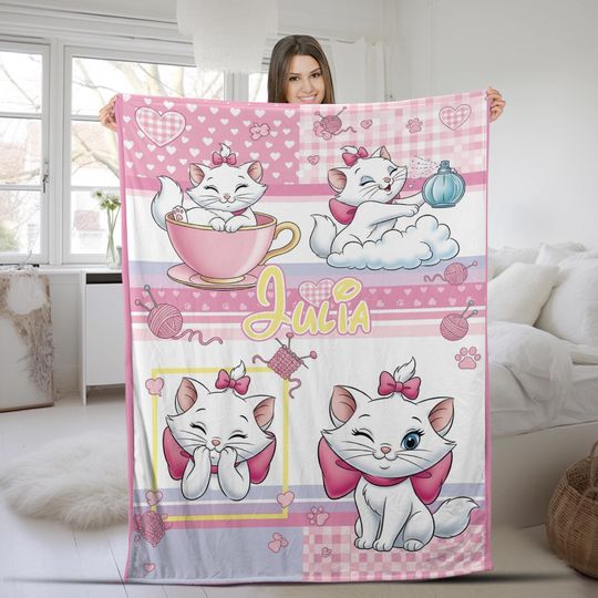 Personalized Disney The Aristocats Marie Blanket, Custom Name Cat Lovers Baby Girl Blanket