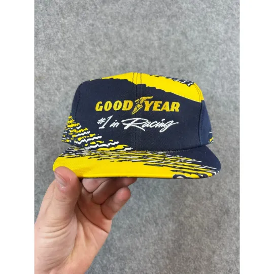 Discover Vintage 90s Goodyear #1 In Racing Snapback Hat Cap AOP Yellow Navy Adjustable