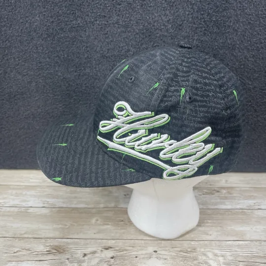 Hurley Hat Cap Spell Out Black Green Flex Fit S-M Vintage AOP Y2k Street wear