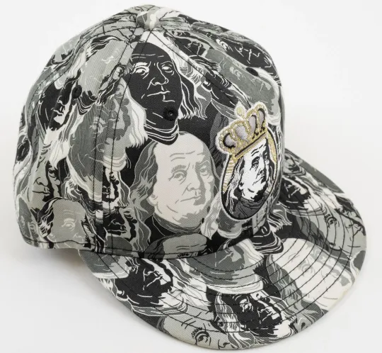 New Era 59FIFTY Ben Franklin Money Print Fitted Hat Cap Size 7 1/2 AOP Crown