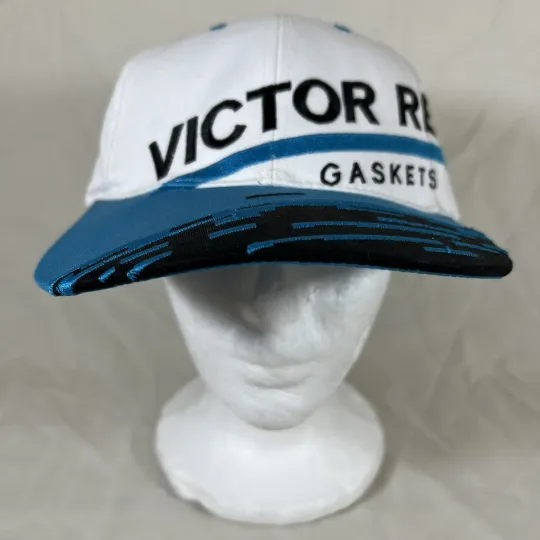 Discover Vtg Victor Reinz Gaskets Hat Spell Out All Over Logo AOP Baseball Adjustable Cap