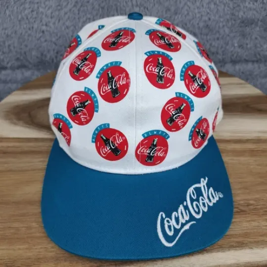Discover Vntage Coca Cola Hat Cap Snap Back White AOP Cotton Brim Script Logo Spell out