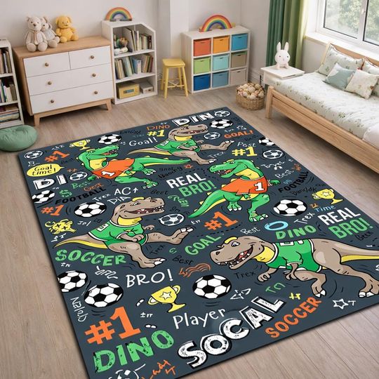 Discover Dinosaur Soccer Kids Rug  Washable Non Slip Playroom Carpet