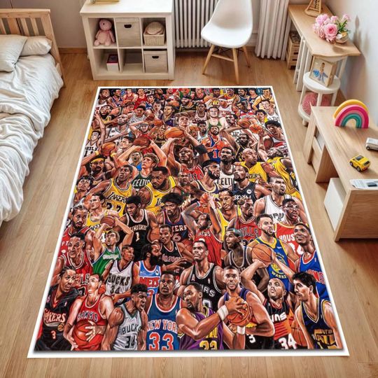 Discover Basketball Legends Collage Rug, Vintage Sports Art Area Carpet For Game Room Decor