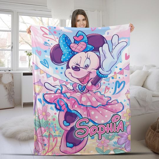 Discover Personalized Minnie Mouse Christmas Blanket, Disney Name Blanket with Minnie Mouse Character, Perfect Gift for Kids, Disney Xmas Gift G5PG06