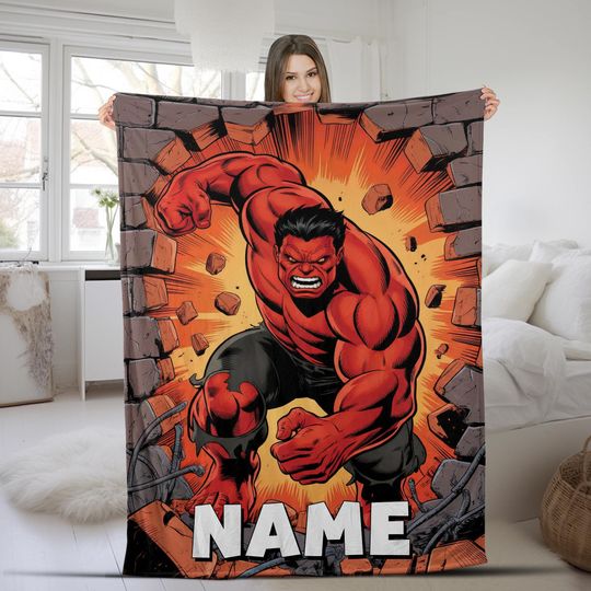 Personalized The Incredible Red Hulk Blanket, Hulk Fleece Blanket, Red Superhero Blanket, Birthday Gift