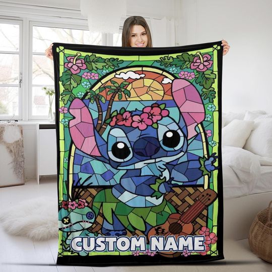 Personalized Disney Stitch Blanket, Inspired Stained Glass Cute Stitch Blanket, Stitch Movie Blanket