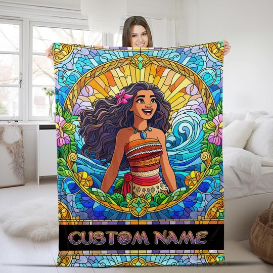 Discover Personalized Disney Moana Blanket, Native Princess Blanket,Custom Name Animated Warrior Blanket,Magic Kingdom, Inspired Stained Glass NFVB23