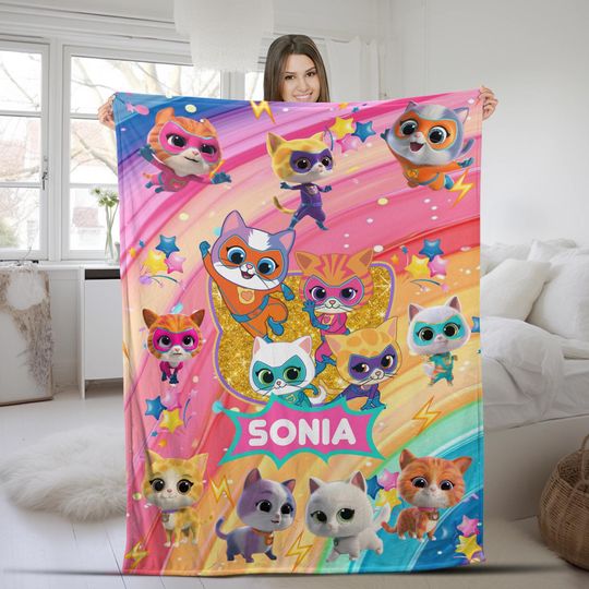 Custom Superkitties Blanket, Custom Super Kitties Blanket, Super Kittie Buddy Bitsy Ginny Sparks Hero Blanket